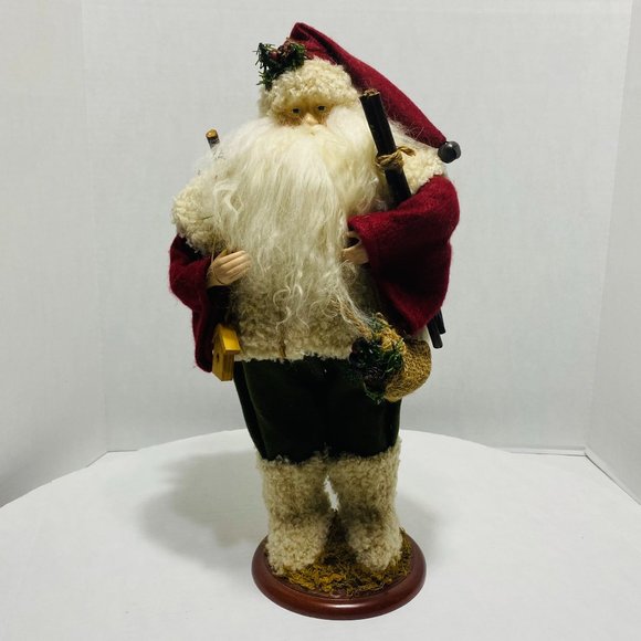 Old World Santa Christmas Tree Birdhouse Red Green Fur Trim Santa Wood Base 17" - Picture 1 of 16